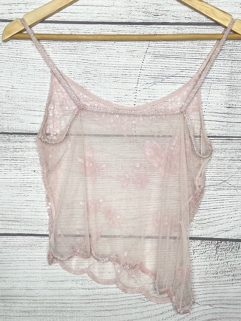 Y2K Sheer Pink Beaded Embroidered Asymmetrical Butterfly Camisole Top Size Small - Picture 9 of 10